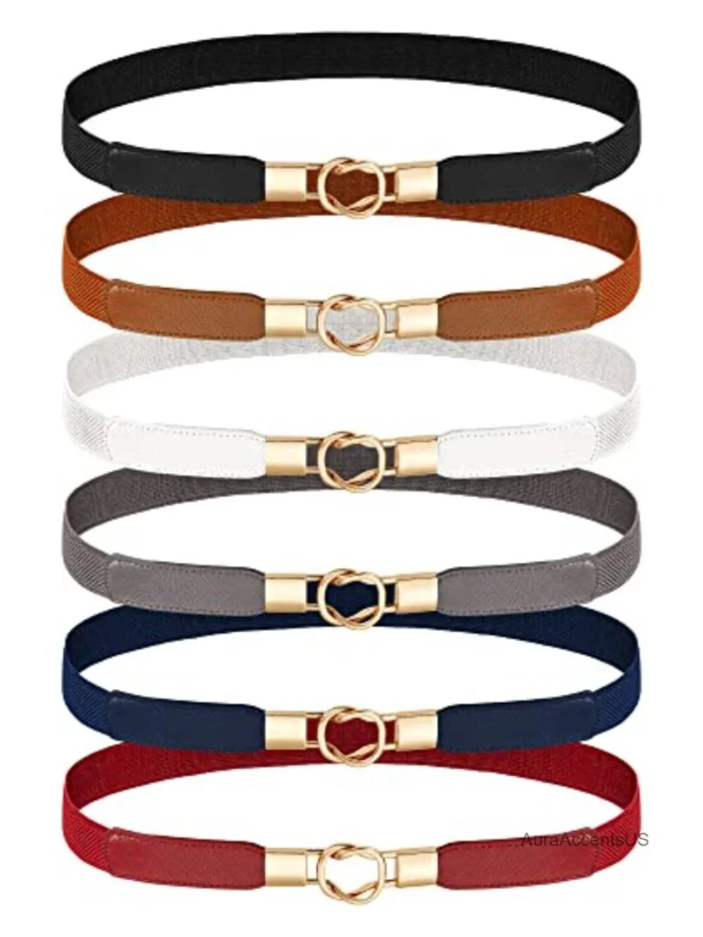 Set of 6 Stretchy Skinny Belts - Elastic Waist Belts with Gold Buckles,